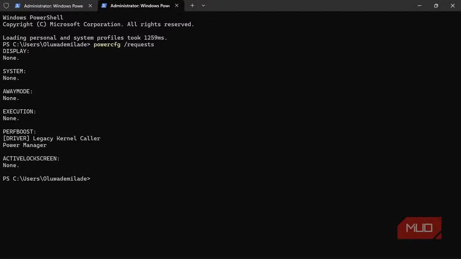 ویندوز PowerShell در حال اجرای فرمان requests در powercfg