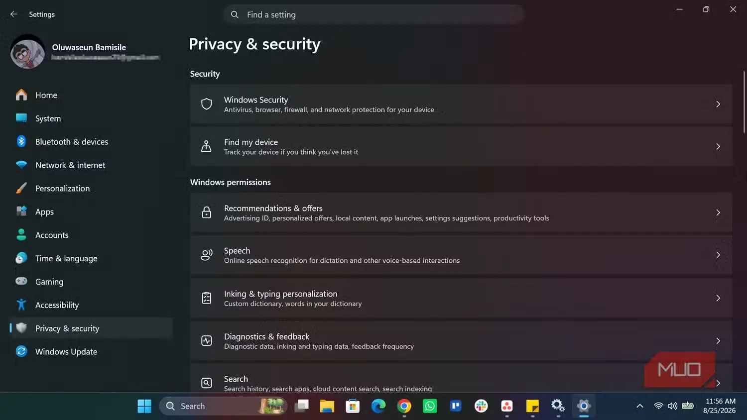 صفحهٔ حریم خصوصی و امنیت در تنظیمات ویندوز
