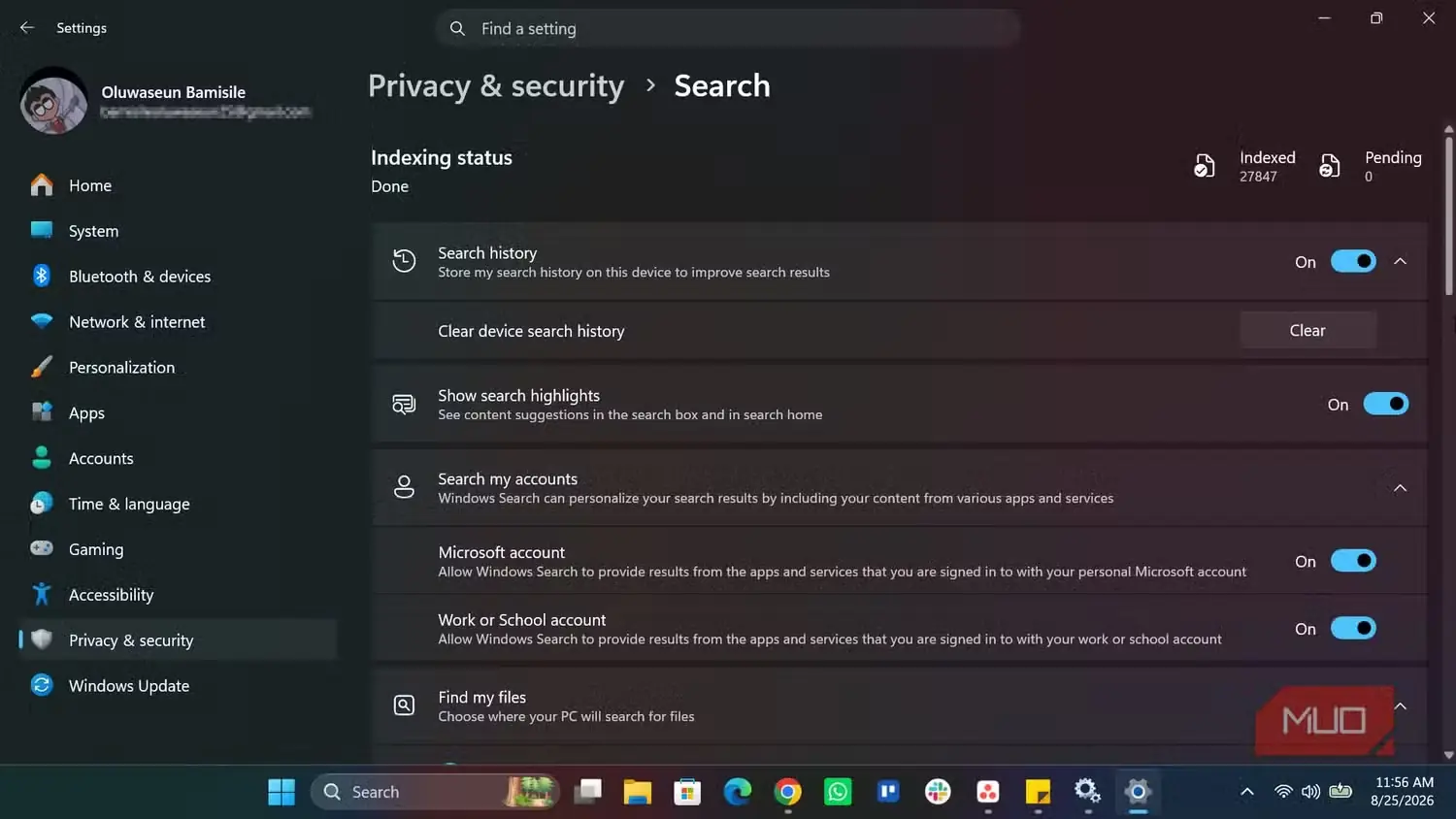 بخش جستوجوی ویندوز در تنظیمات