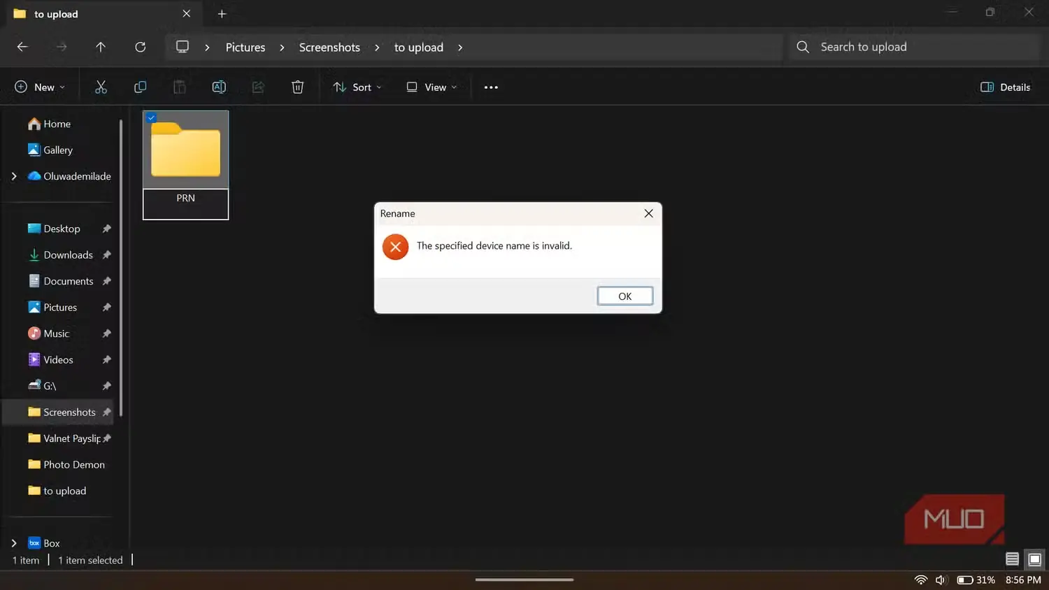 کادر محاورهای خطای Windows برای نام نامعتبر دستگاه
