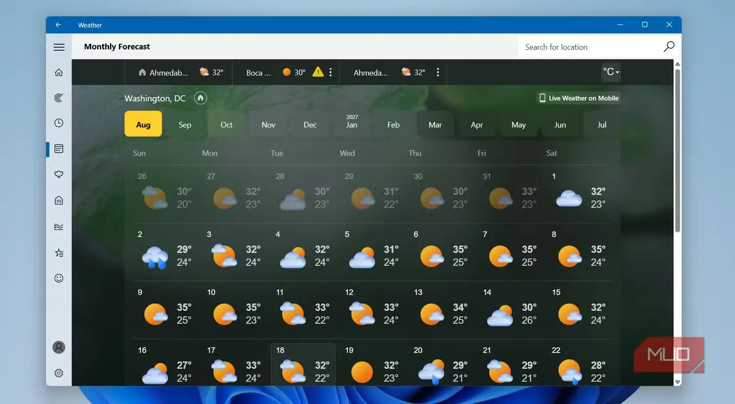 پیشبینی ماهانه برنامه Windows Weather روی میزکار