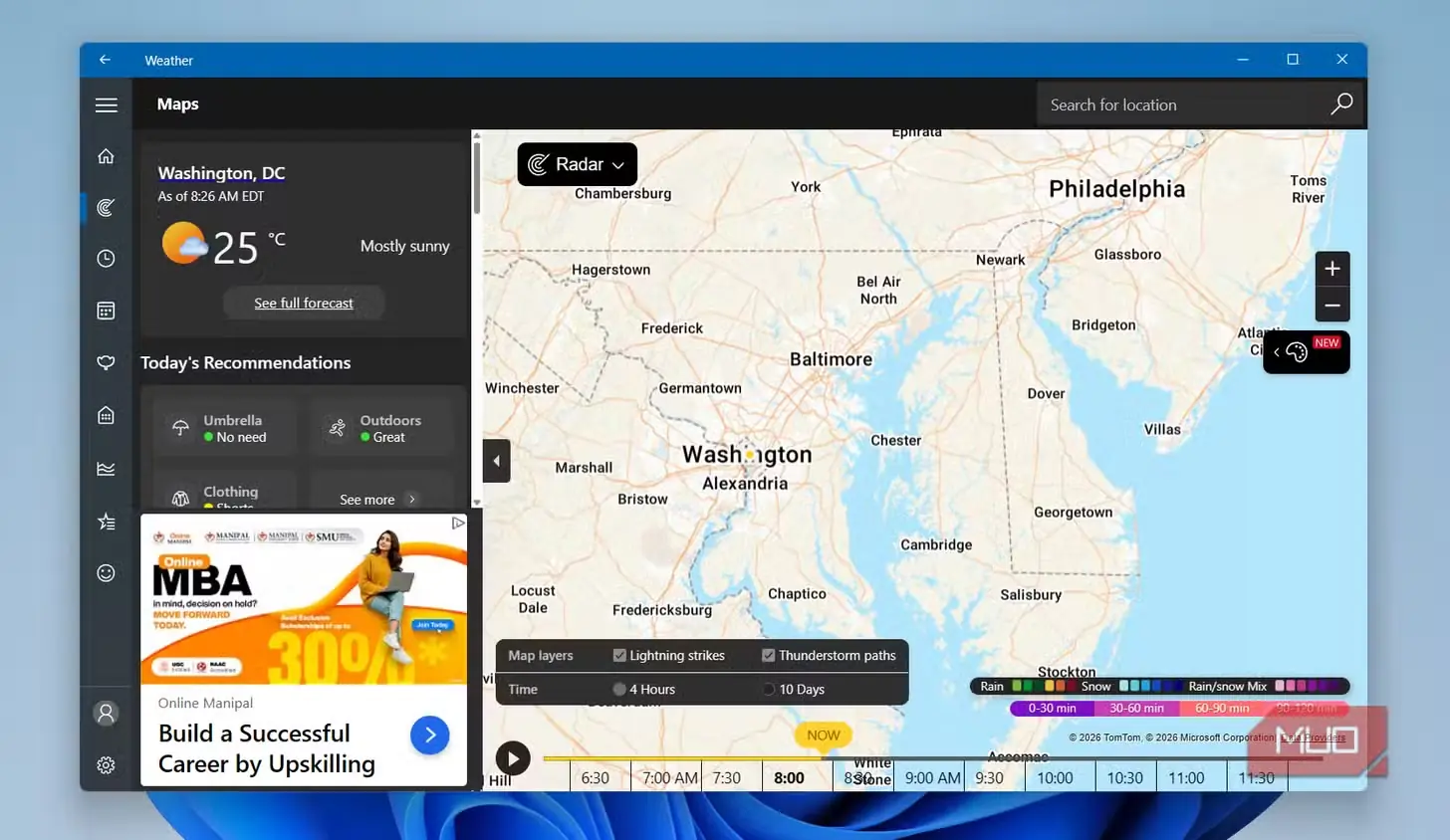 برنامه Windows Weather با نمایش نقشه
