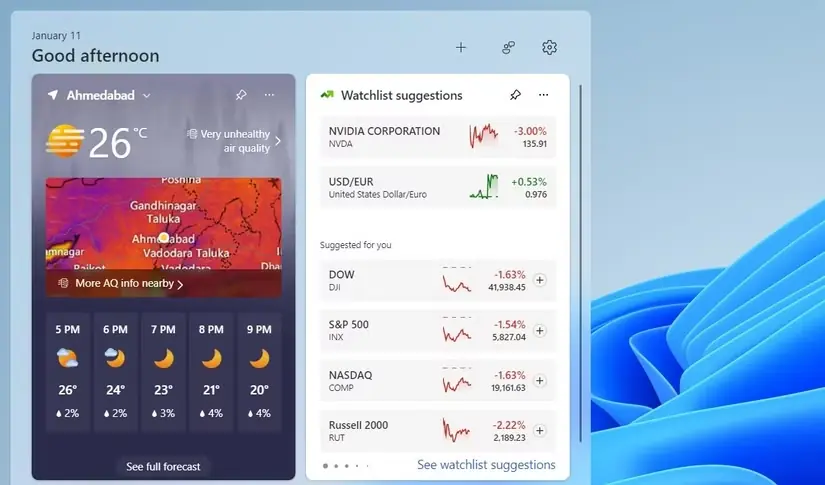 هواشناسی در پنل ویجتهای Windows 11