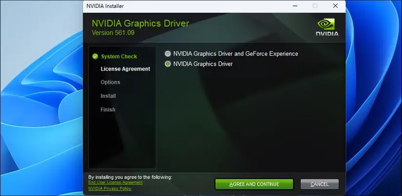 جادوگر نصب درایور گرافیکی Nvidia در ویندوز ۱۱