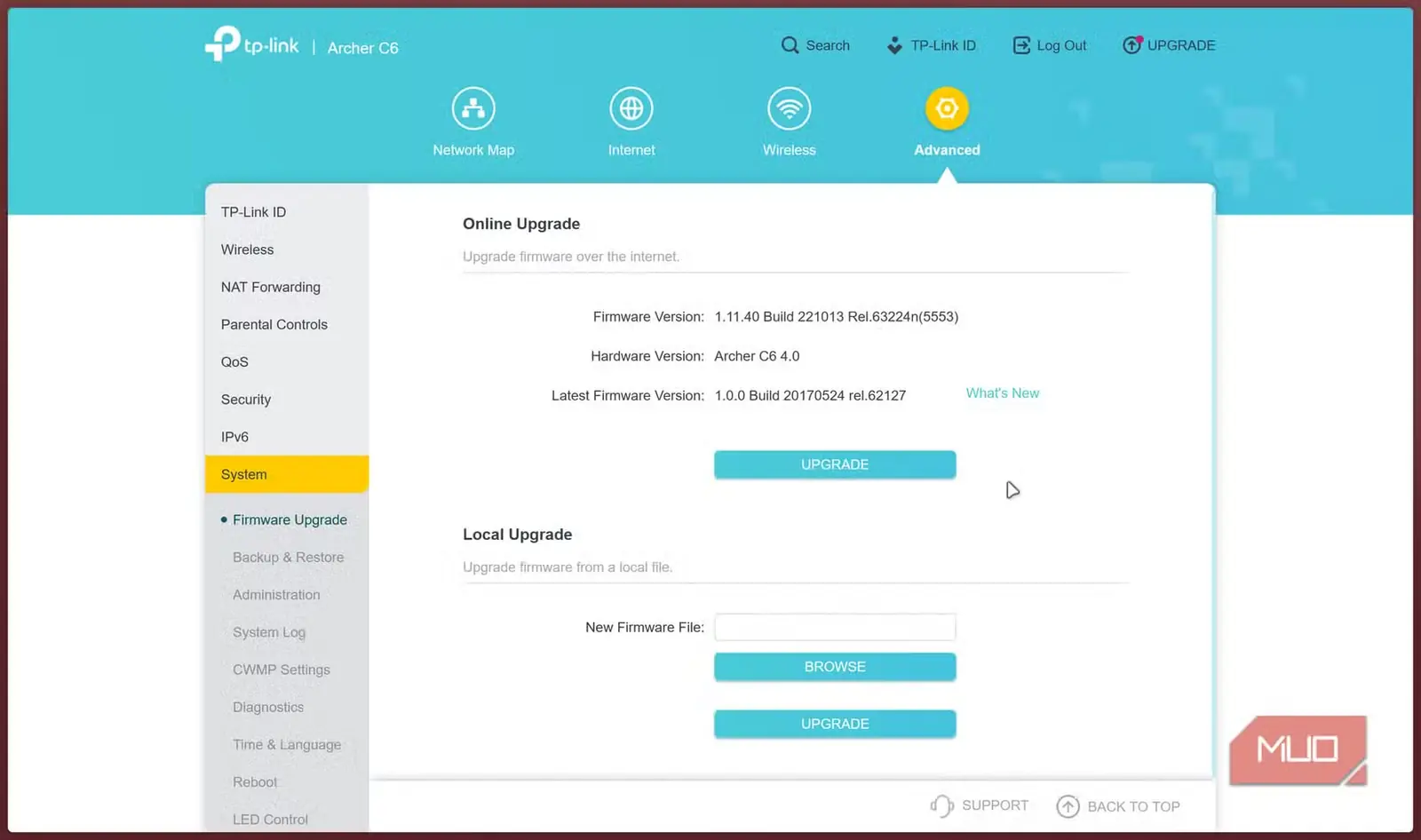 صفحهٔ ارتقای firmware روتر TP‑Link