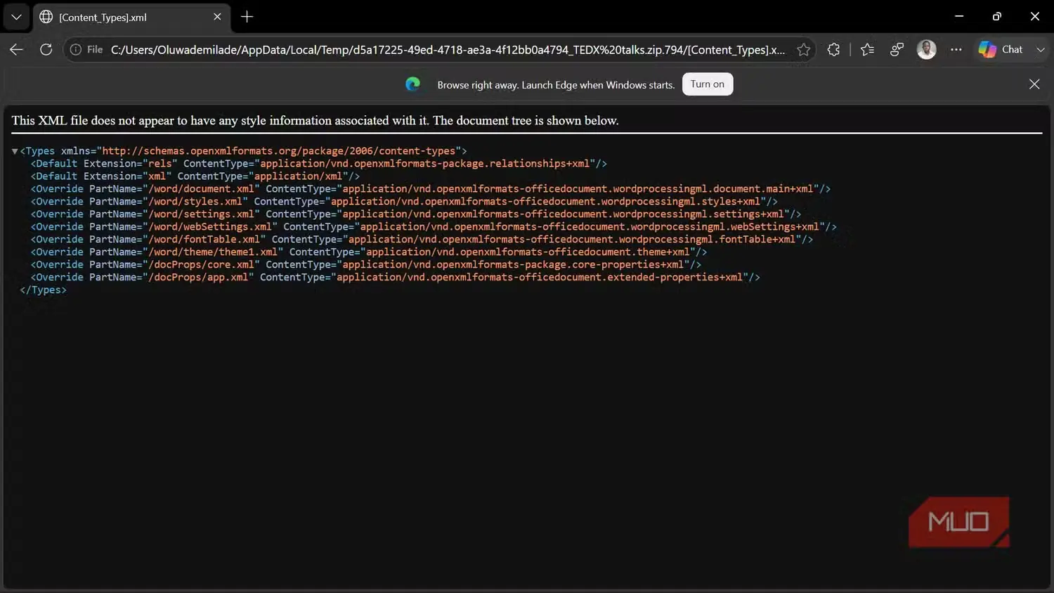مرورگر در حال نمایش کد فایل XML انواع محتوا