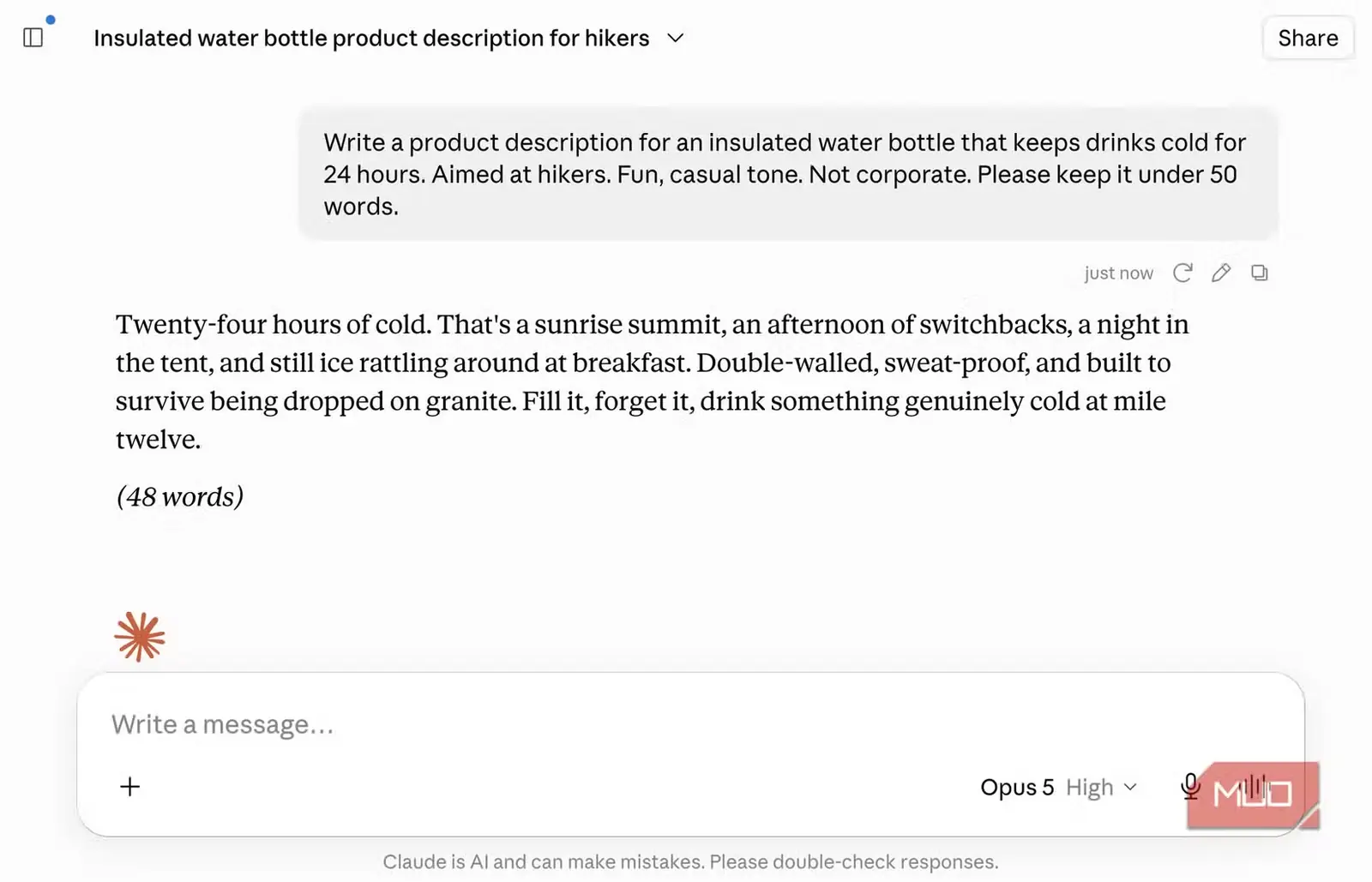 گفتوگوی Claude با عنوان Insulated water bottle product description for hikers که پیشنویس نهایی ۴۸ کلمهای درباره سرد ماندن از sunrise summit تا mile twelve را نمایش میدهد