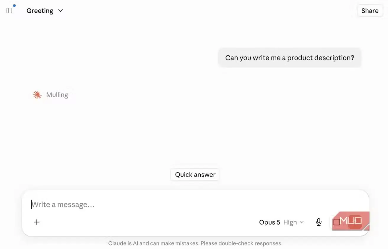 گفتوگوی Claude که کاربر میپرسد Can you write me a product description در حالی که پاسخ هنوز بارگذاری میشود (Mulling)