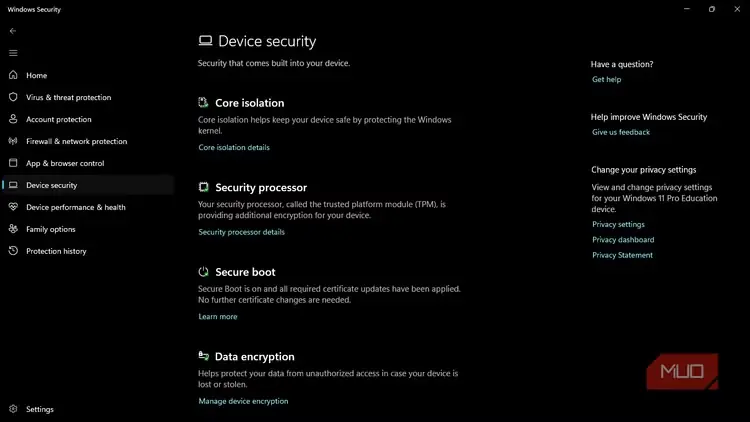 صفحهٔ تنظیمات امنیت دستگاه در Windows Security