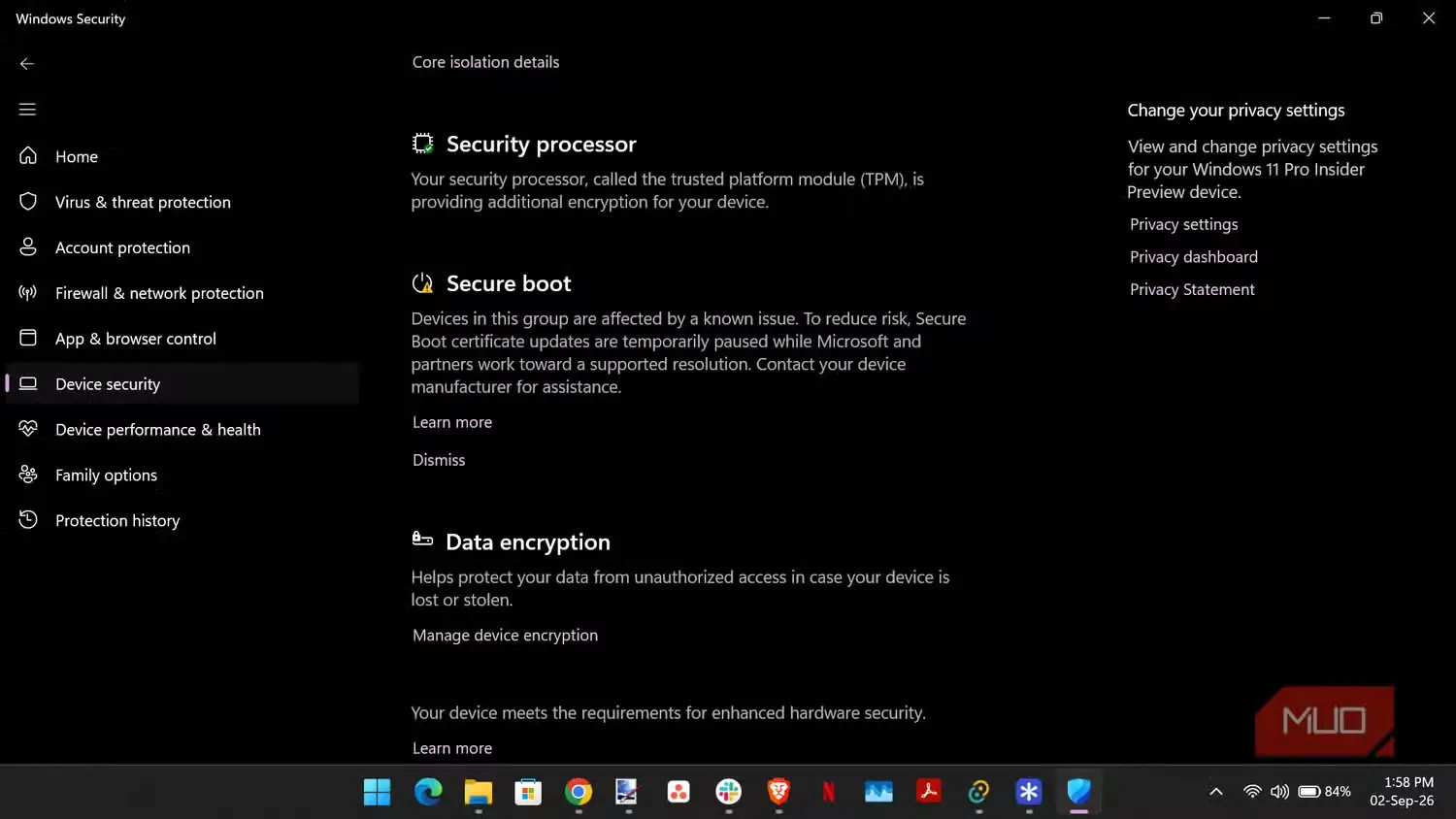 بخش جداسازی هسته در تنظیمات امنیت دستگاه Windows Security