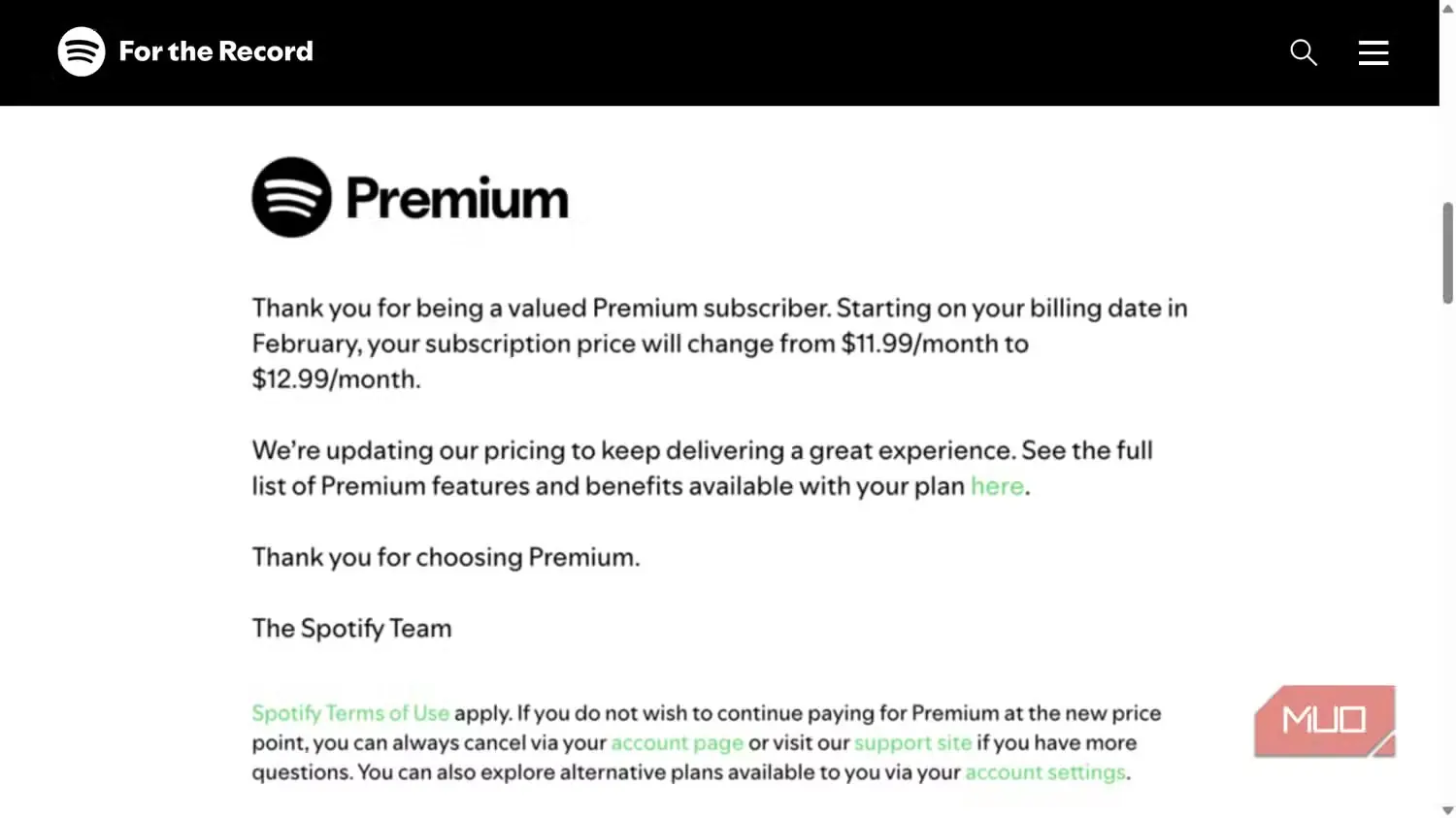 صفحه اعلام افزایش بهای اشتراک ویژه Spotify