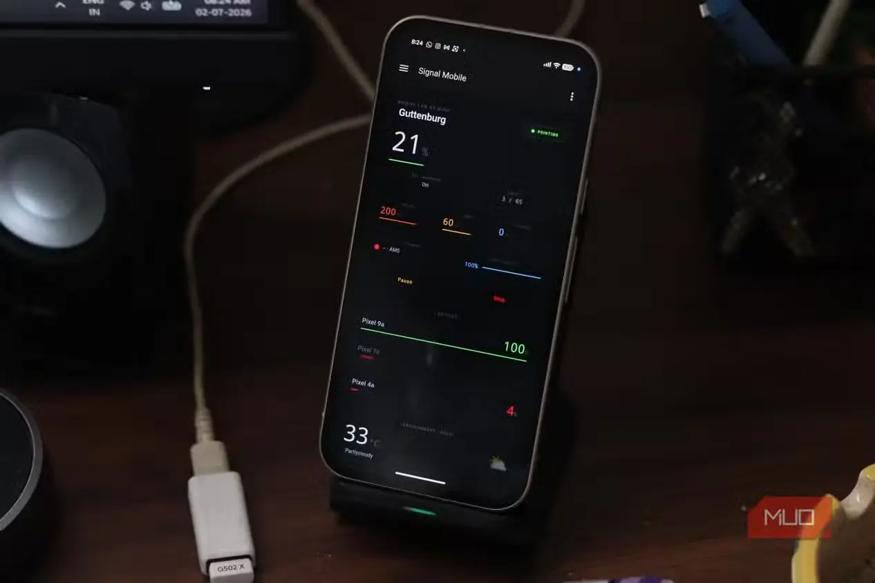نمای پیشخوان Home Assistant با آمار چاپگر سهبعدی روی گوشی Pixel 9a
