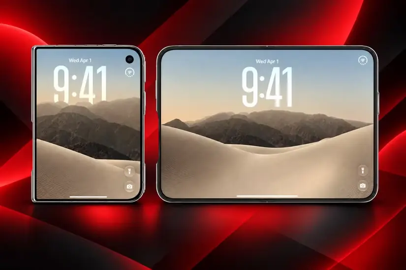 گوشی Apple iPhone Duo در حالت باز و بسته، روی پسزمینه نواری قرمز