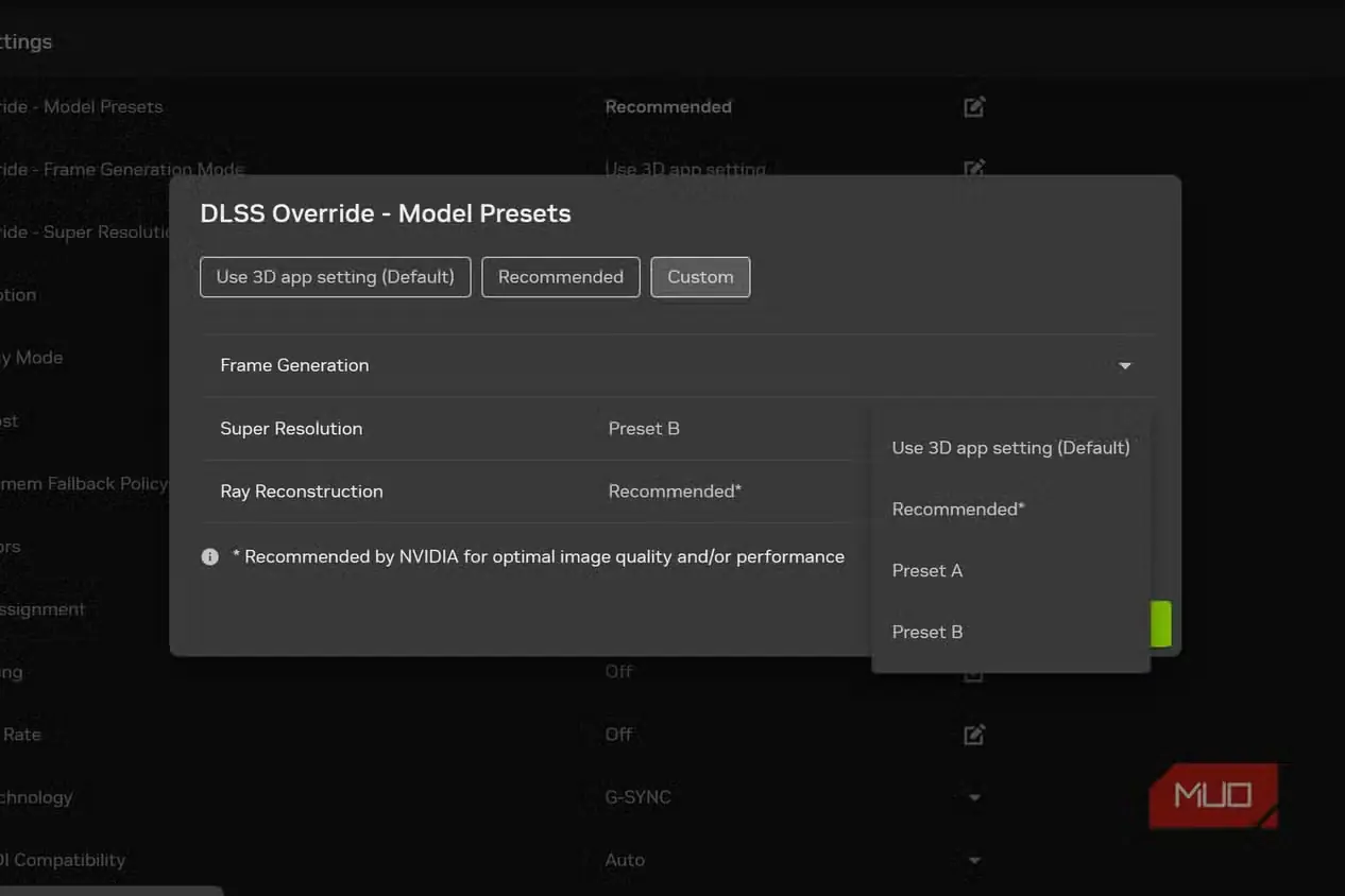 گزینههای ازپیشتنظیمشده تولید فریم در برنامه Nvidia App