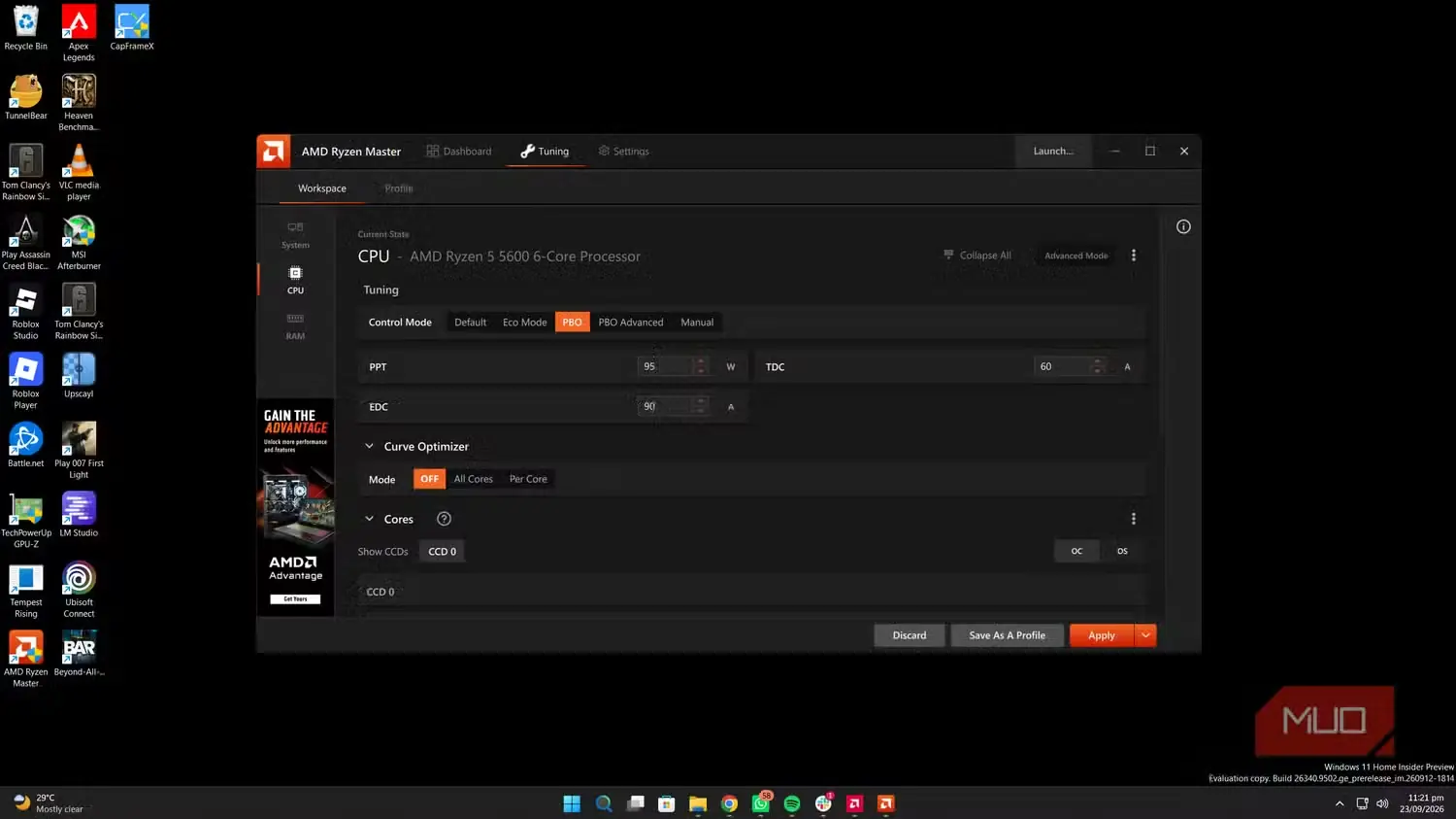 صفحهٔ بهینه‌ساز منحنی پردازنده در AMD Ryzen Master