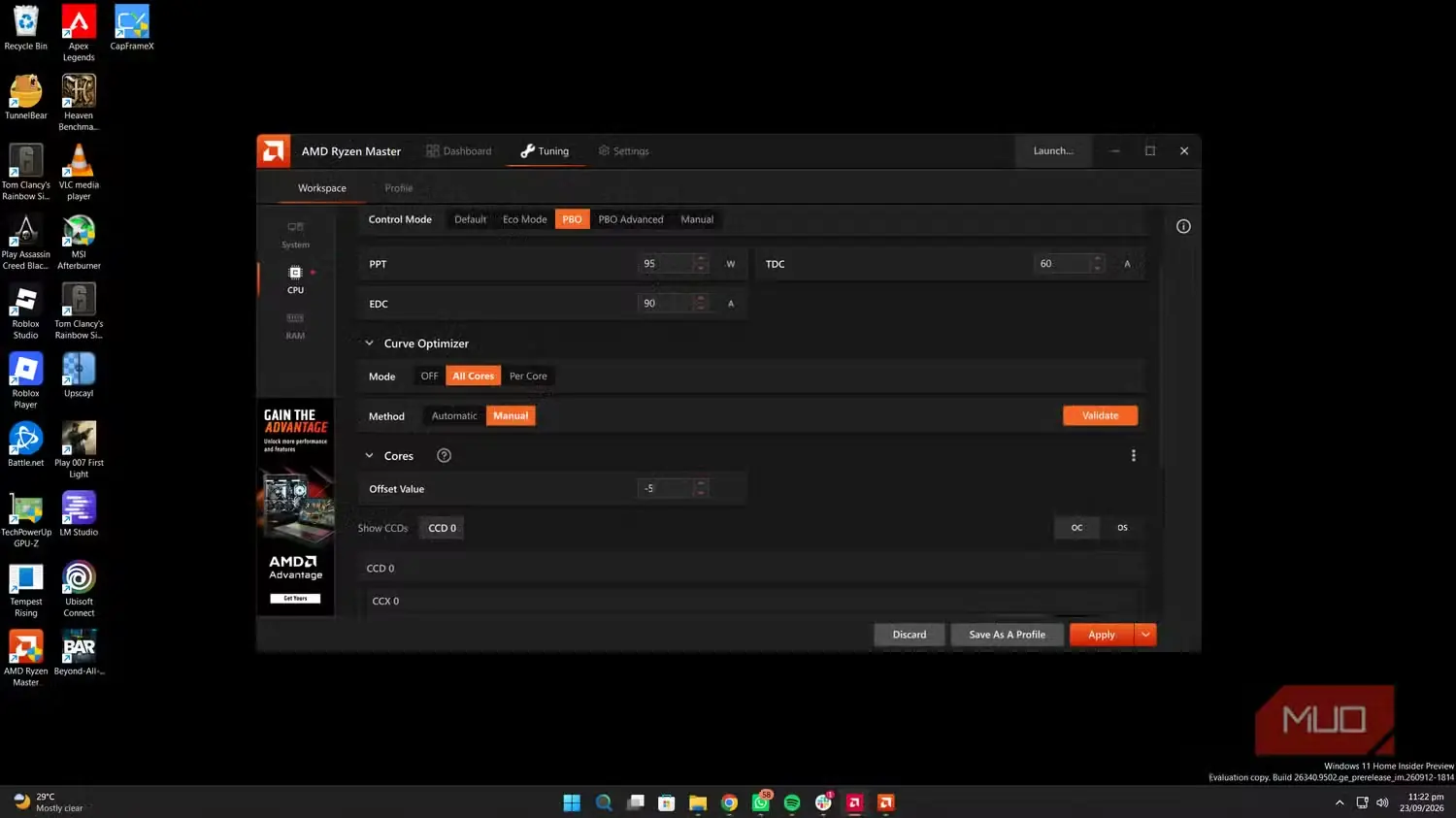 نمای بهینه‌ساز منحنی پردازنده در AMD Ryzen Master
