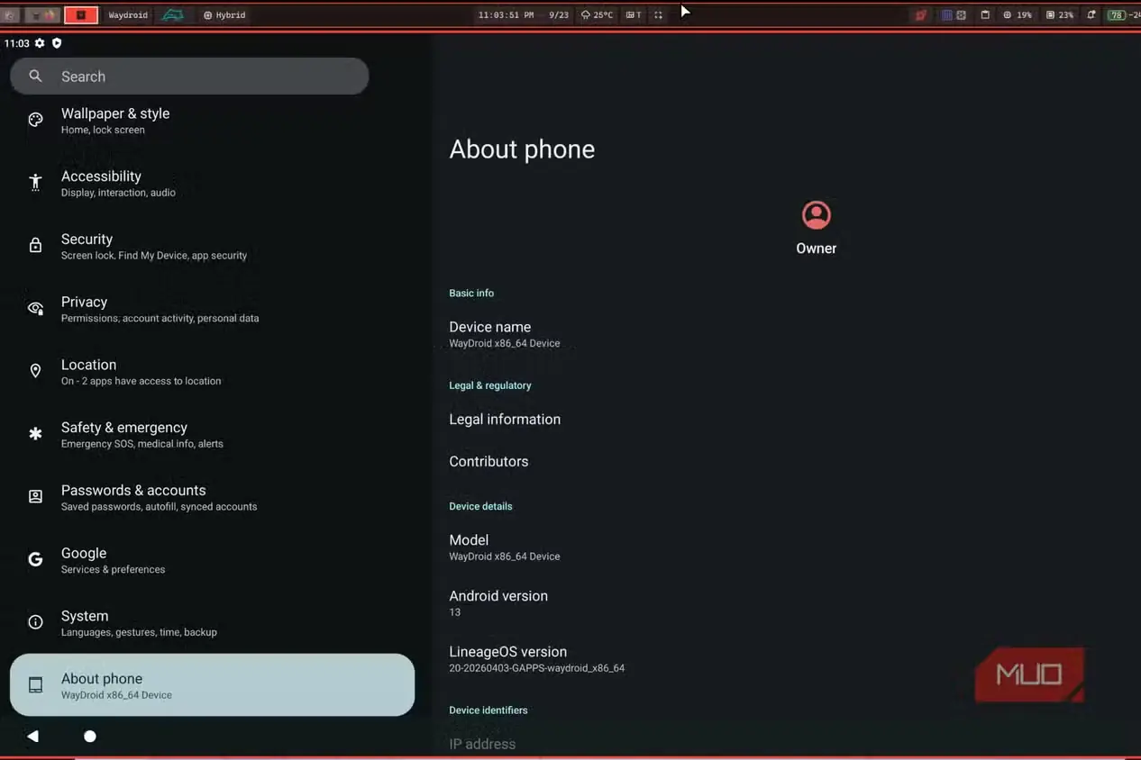 صفحهٔ تنظیمات دستگاه در Waydroid