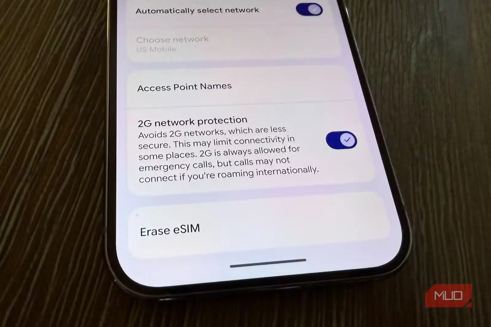 صفحه تنظیمات 2G Protection در گوشی Pixel