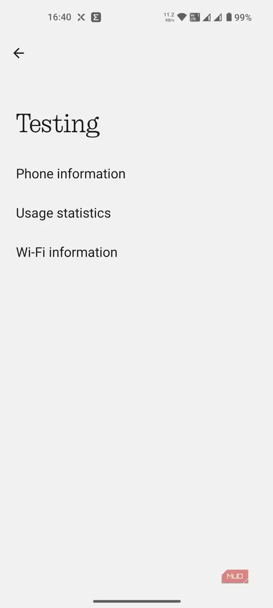 نمای منوی آزمایش در Android