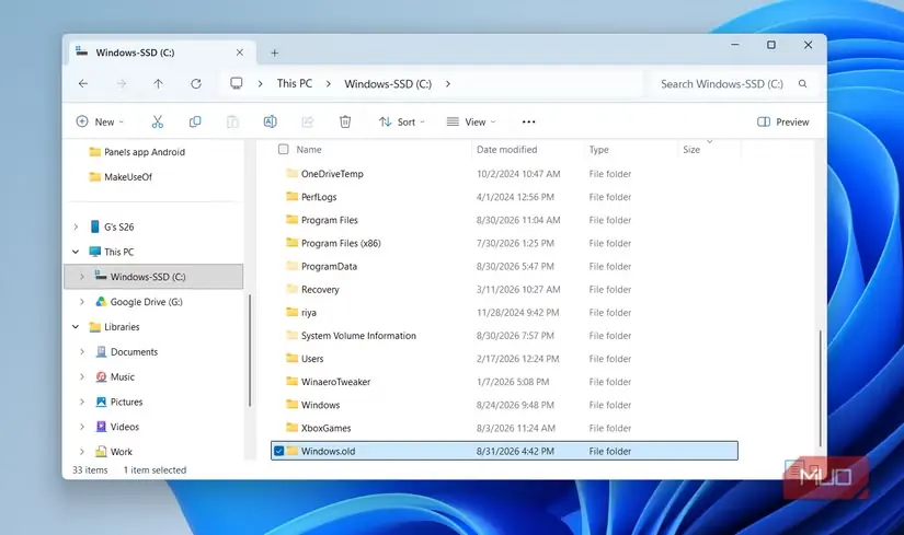 پوشه Windows.old در پنجره File Explorer