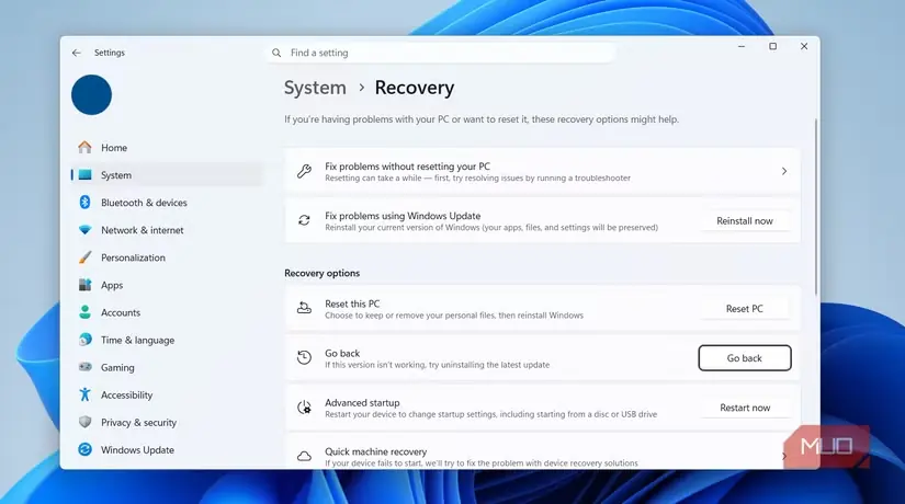 تنظیمات بازیابی در Windows