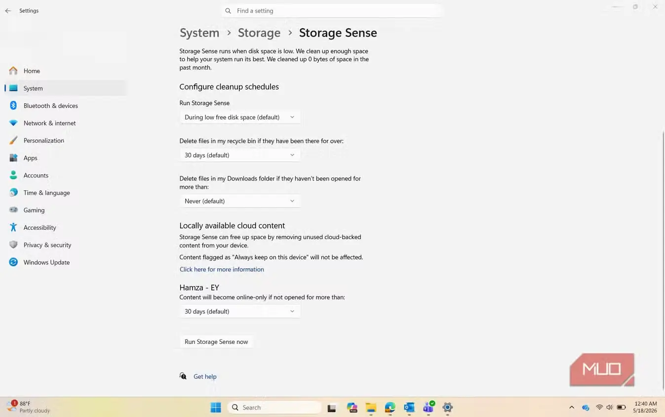 تنظیمات قابلیت Storage Sense در Windows