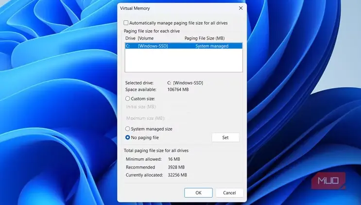 گزینه نداشتن فایل صفحهبندی در Windows 11