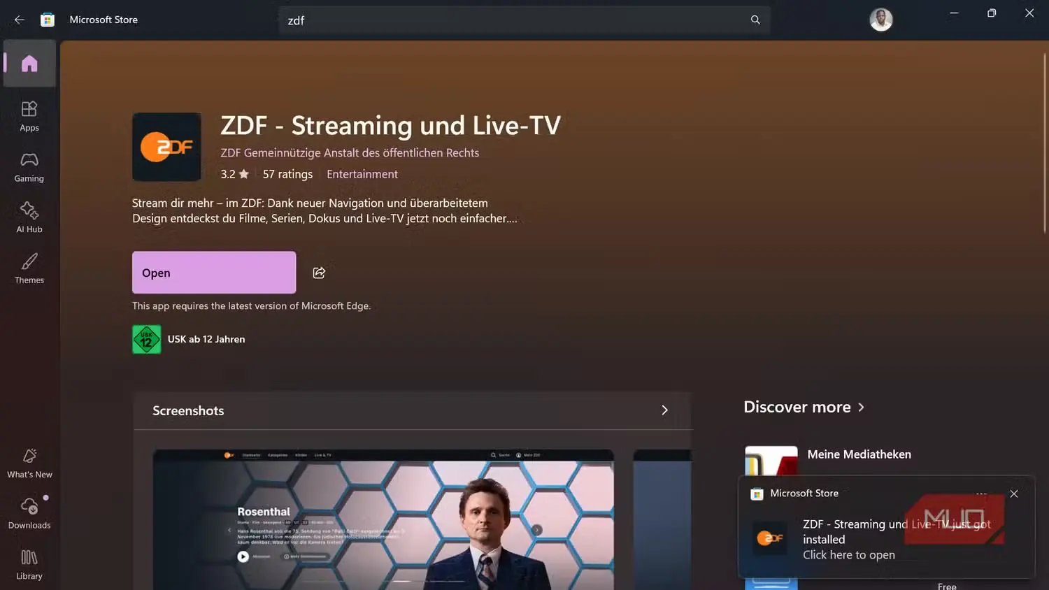 صفحه برنامه پخش آنلاین ZDF در Microsoft Store