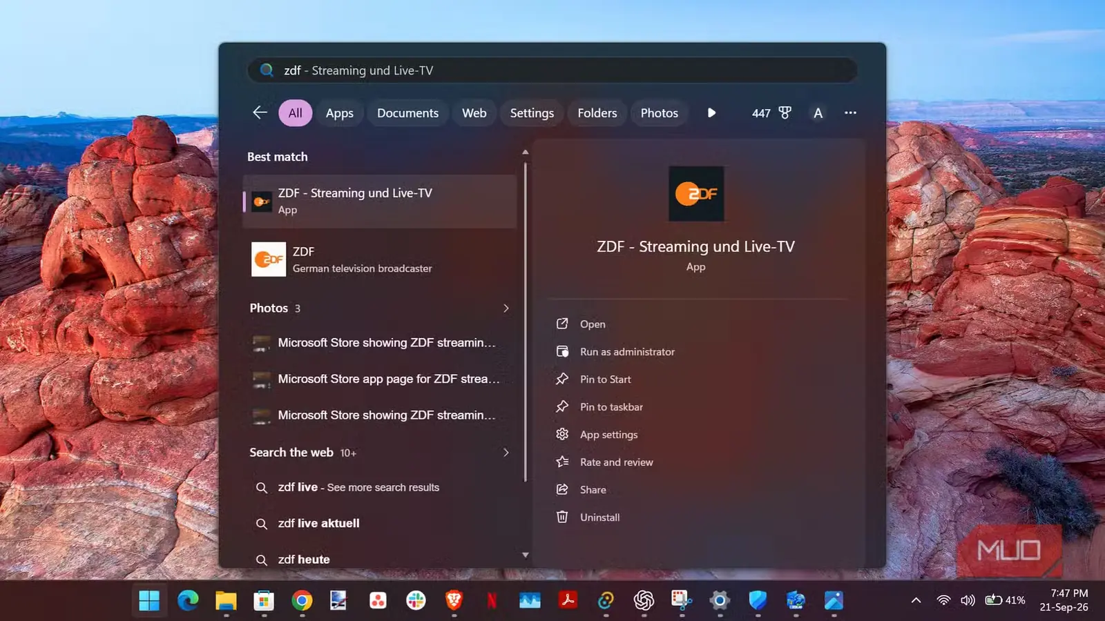 نمایش برنامه ZDF در منوی جستوجوی Windows 11