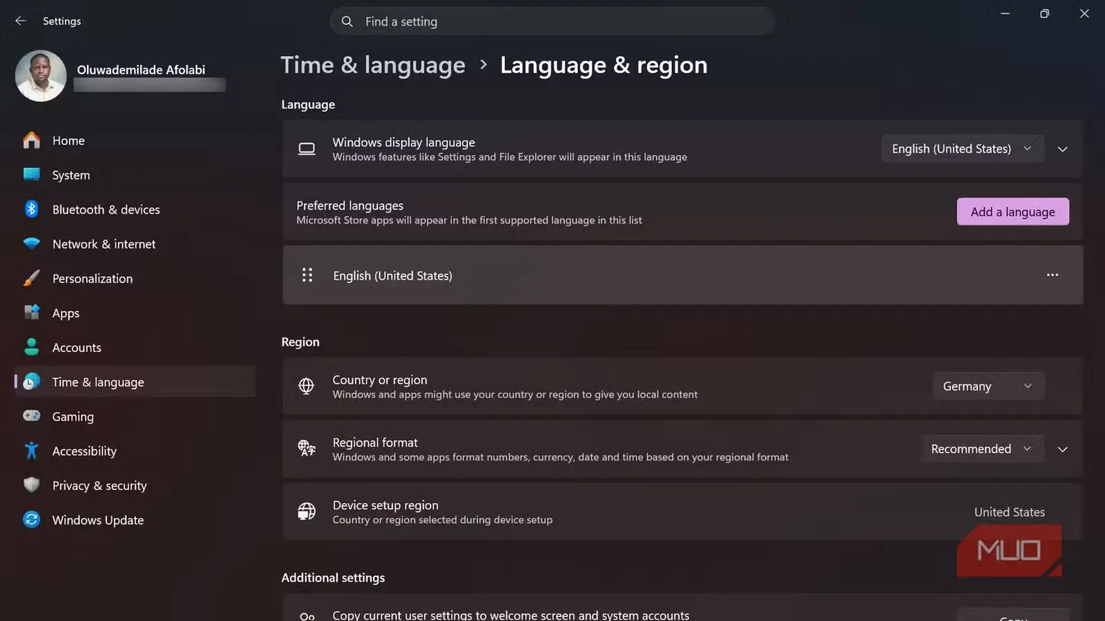 صفحه تنظیمات زبان و منطقه در Windows 11