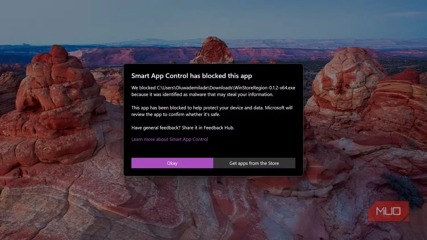 هشدار Smart App Control دربارهٔ مسدود شدن برنامهٔ مخرب