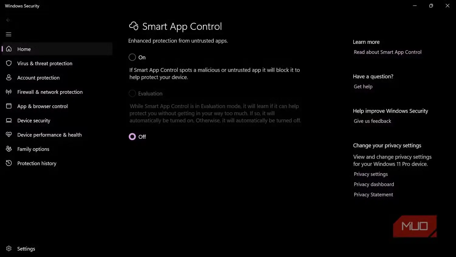 صفحهٔ تنظیمات Smart App Control در Windows Security