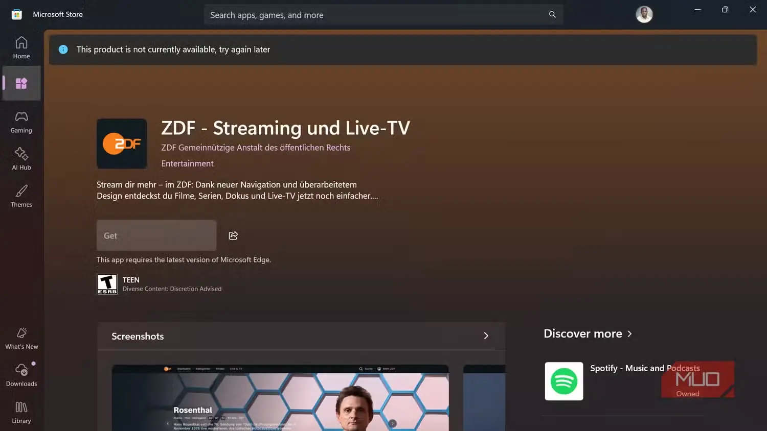 نمایش در دسترس نبودن برنامهٔ پخش ZDF در Microsoft Store