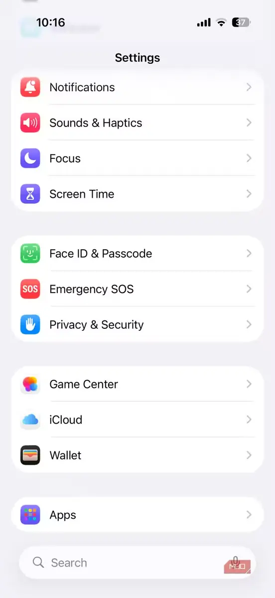 نمای برنامهٔ Settings در iOS 26
