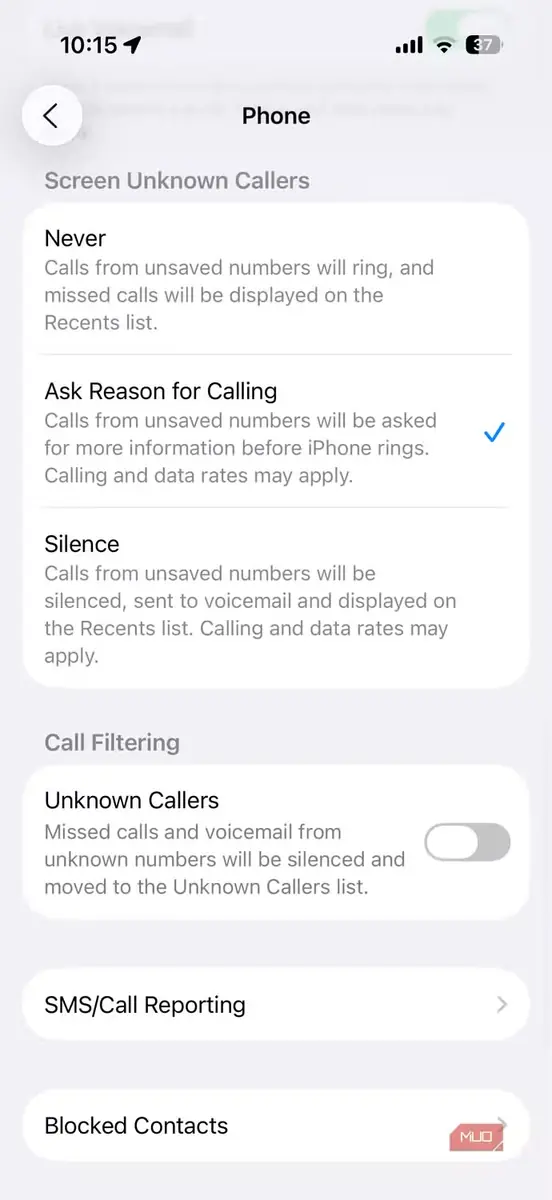 نمای قابلیت غربالگری تماس در تنظیمات برنامهٔ Phone