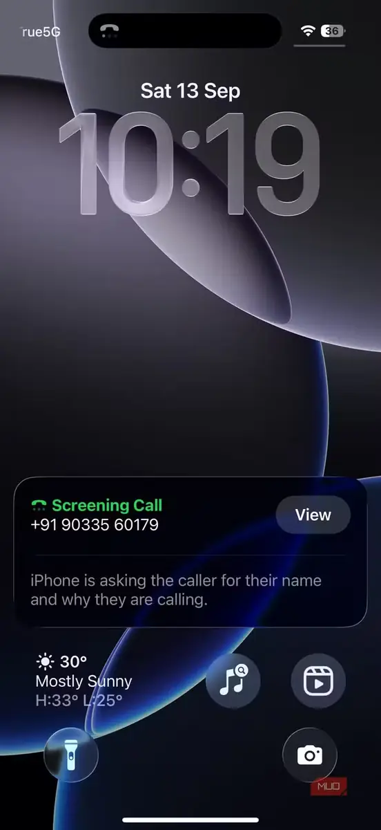 نمای قابلیت غربالگری تماس روی صفحهٔ قفل iPhone
