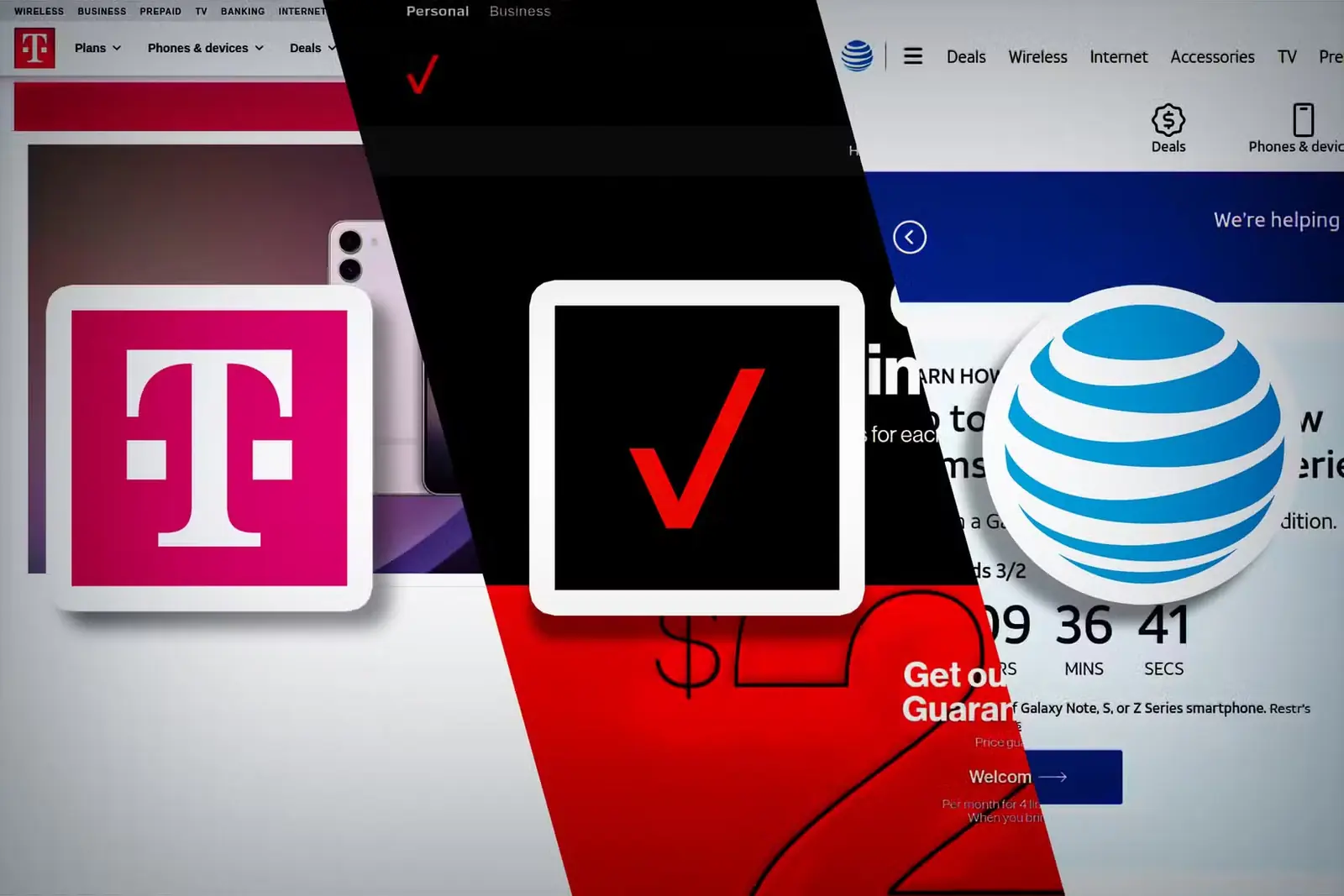 صفحههای اصلی Verizon، AT&T و T-Mobile در پسزمینه