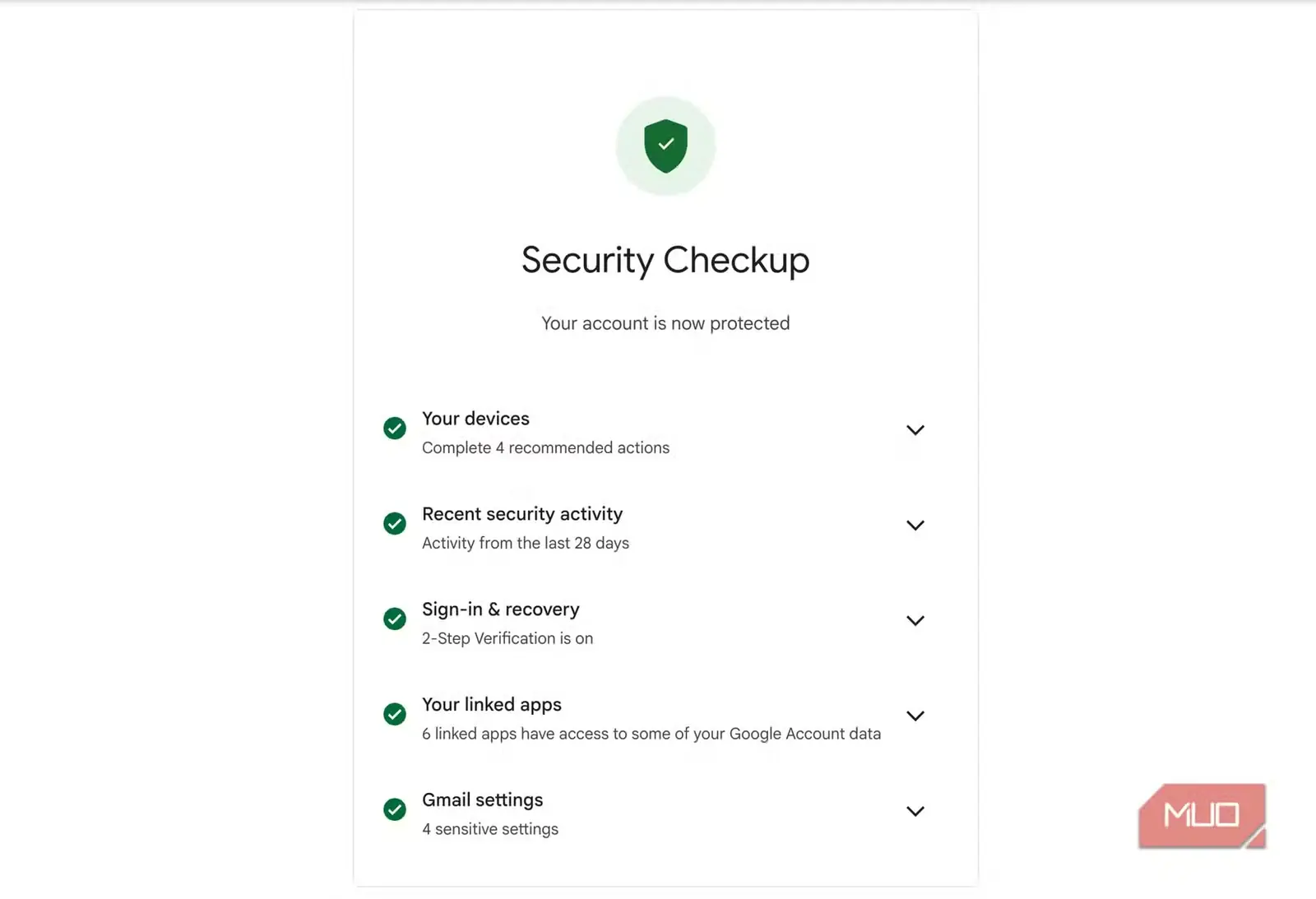 بخش بررسی امنیتی Google با نمایش وضعیت محافظت‌شده حساب