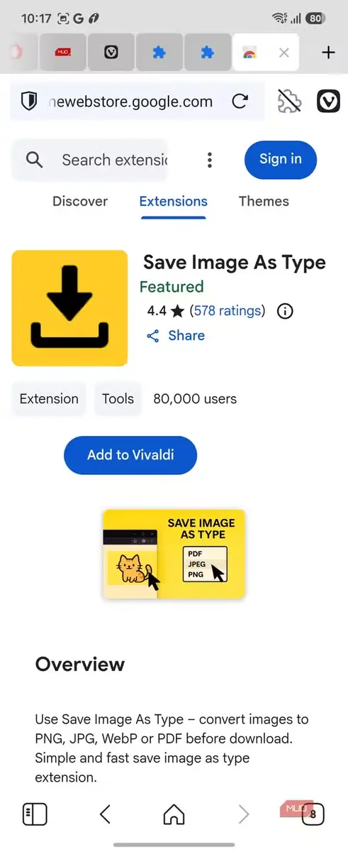 نمایش افزونهٔ Save Image as Type در Google Web Store با مرورگر Vivaldi روی Samsung Galaxy Z Flip 6