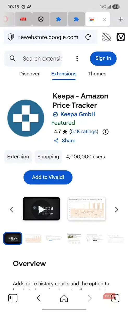 نمایش افزونهٔ ردیابی قیمت Amazon با نام Keepa در مرورگر Vivaldi روی Samsung Galaxy Z Flip 6