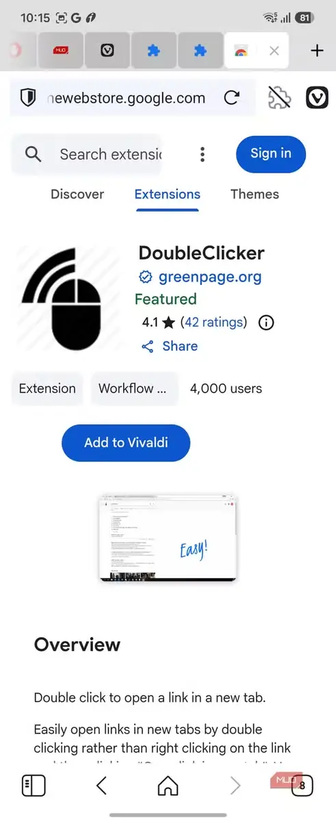 صفحهٔ افزونهٔ DoubleClicker در Google Web Store با مرورگر Vivaldi روی Samsung Galaxy Z Flip 6