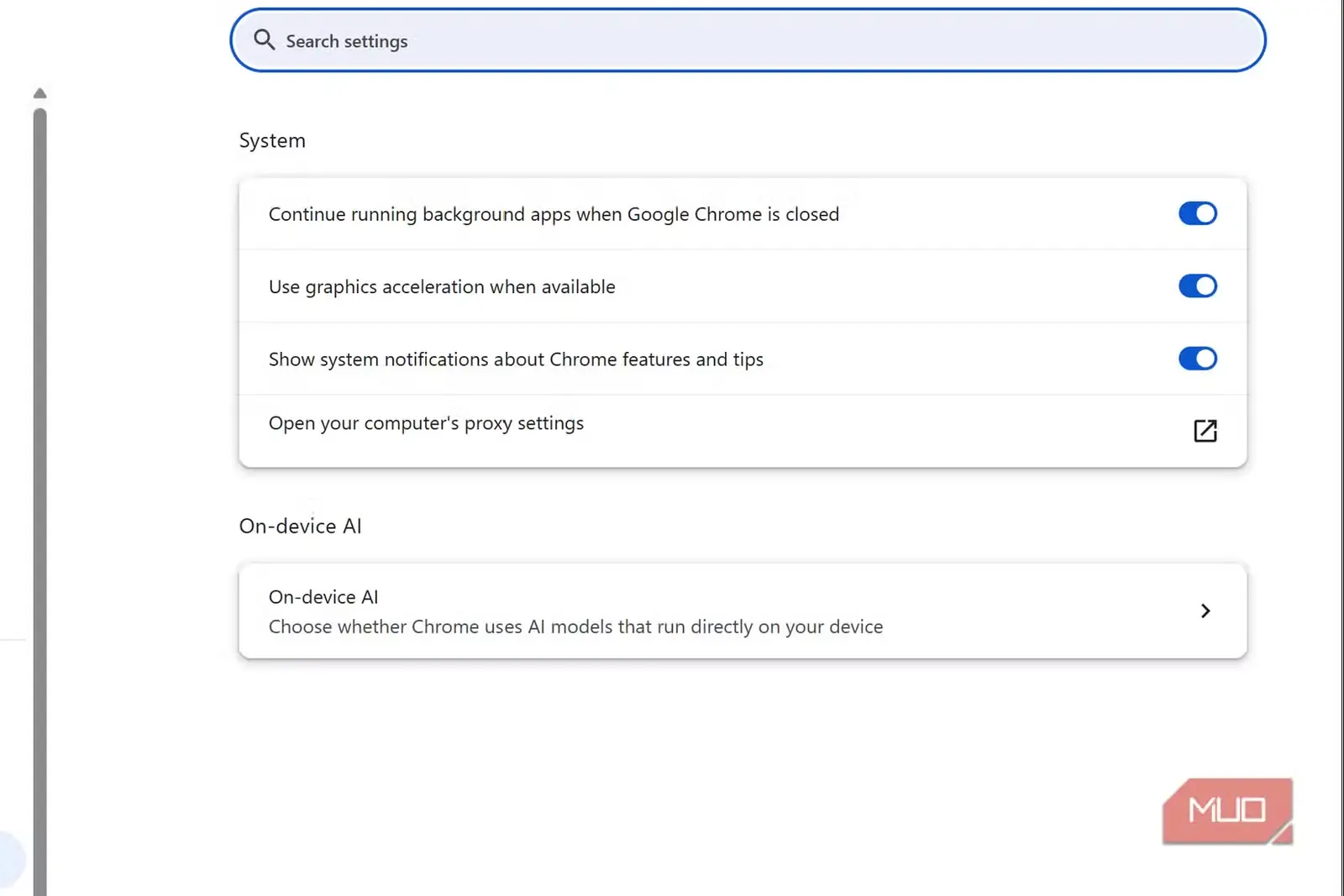 تنظیمات سیستمی Chrome