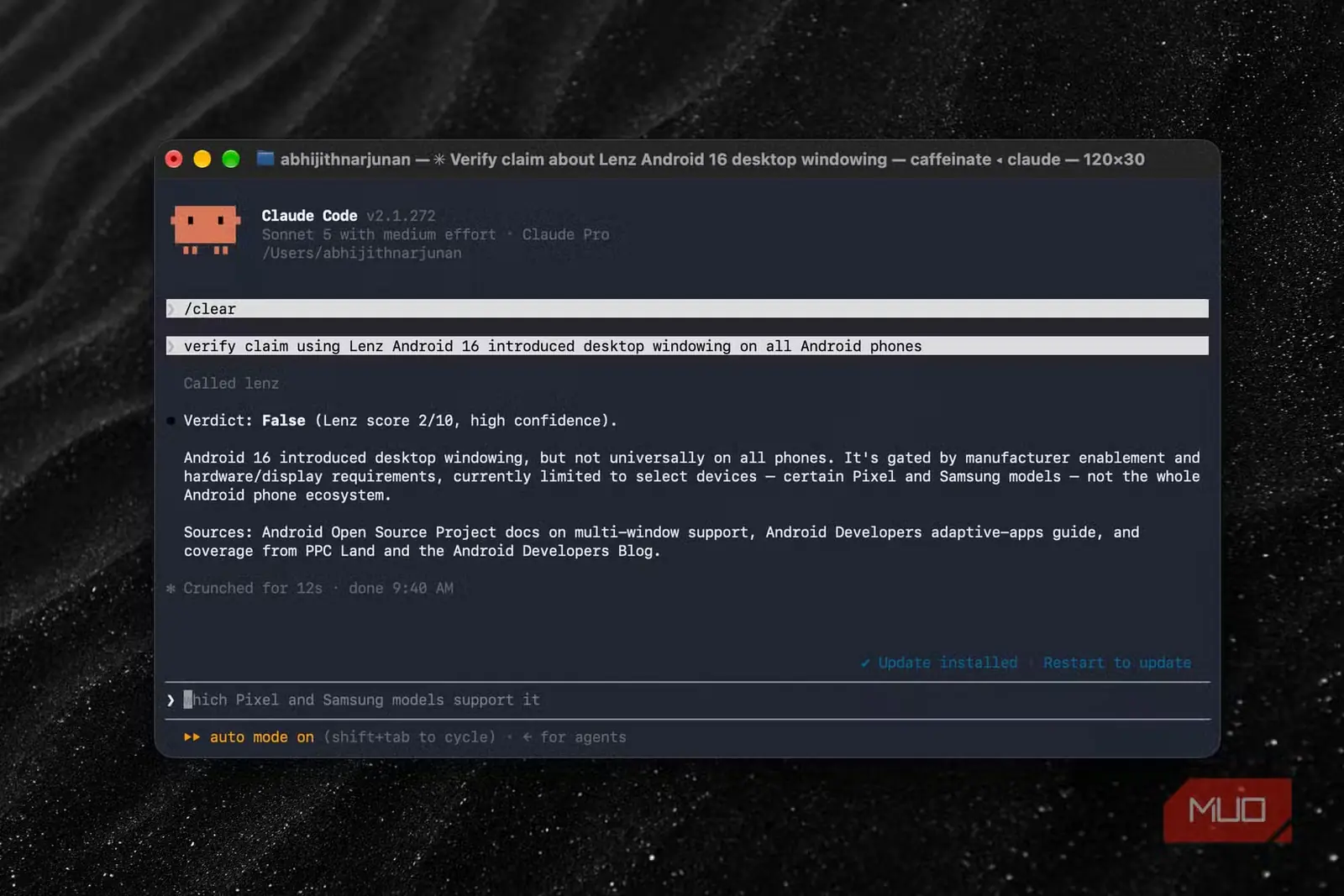 نمایش نتایج فرمان verify در Lenz بهوسیله Claude Code