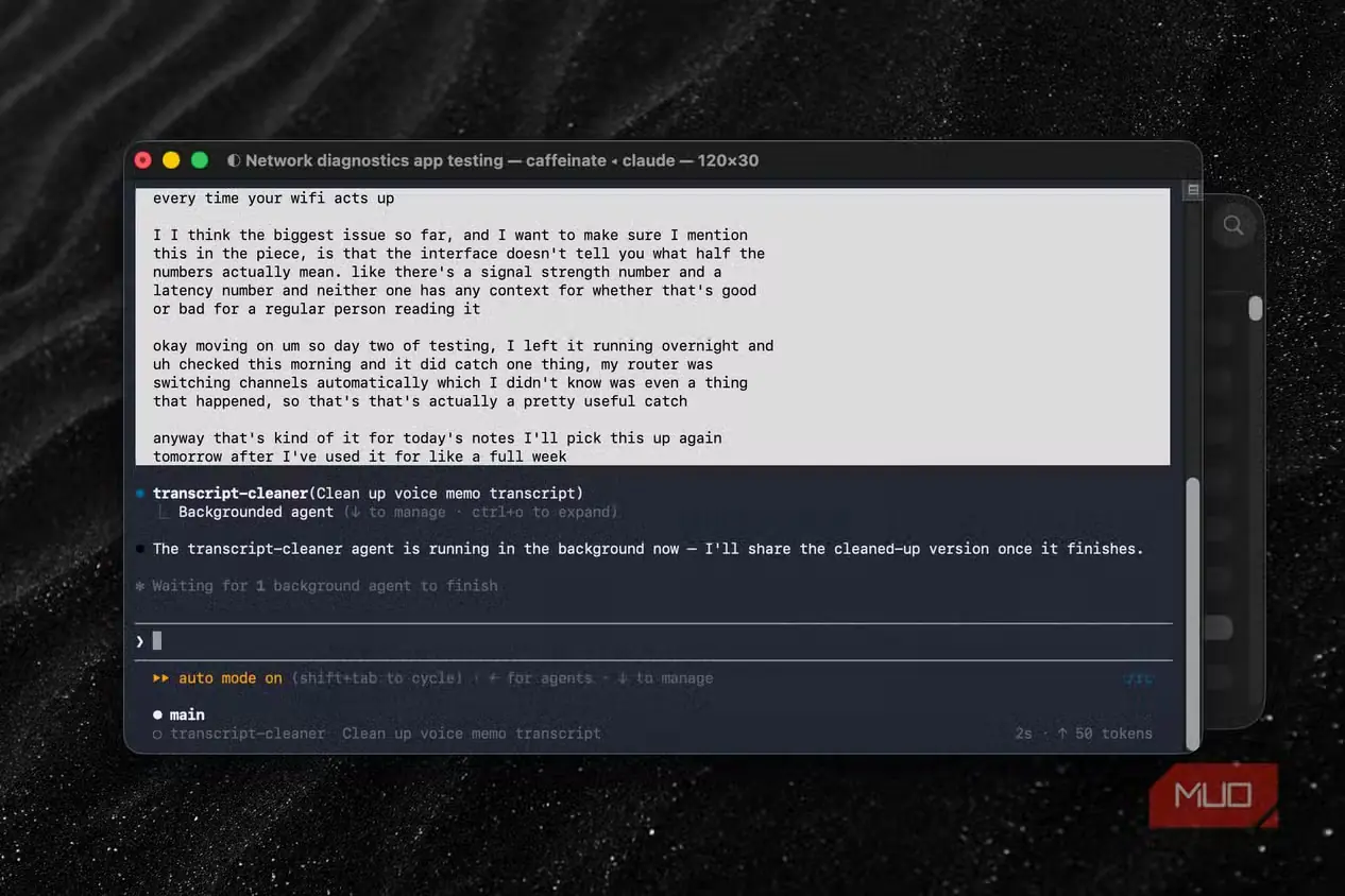 نمای Claude Code هنگام اجرای زیرعامل Transcript Cleaner