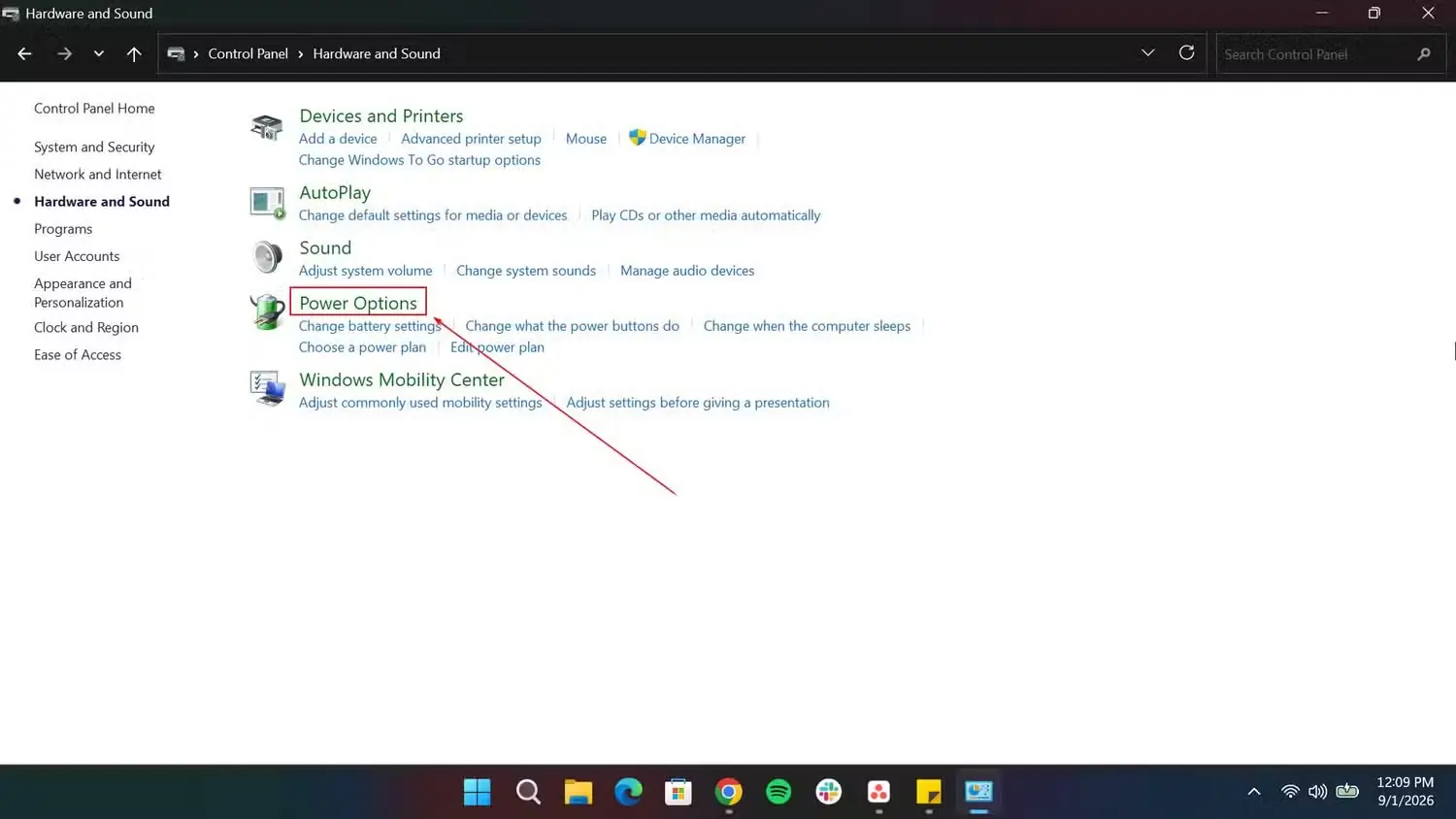 انتخاب گزینههای نیرو در صفحه کنترل Windows