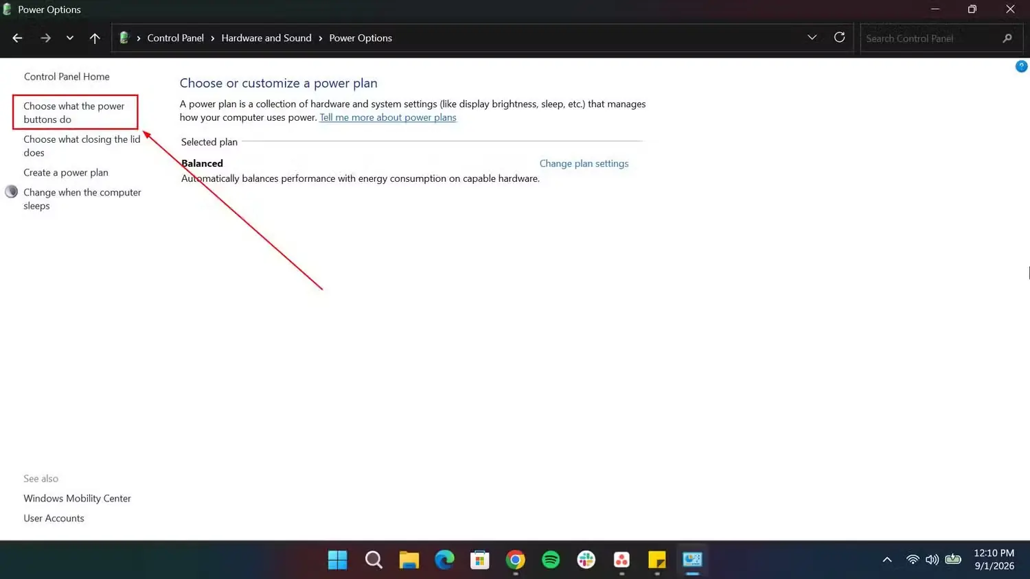 انتخاب تنظیم عملکرد دکمههای روشنکردن در صفحه کنترل Windows