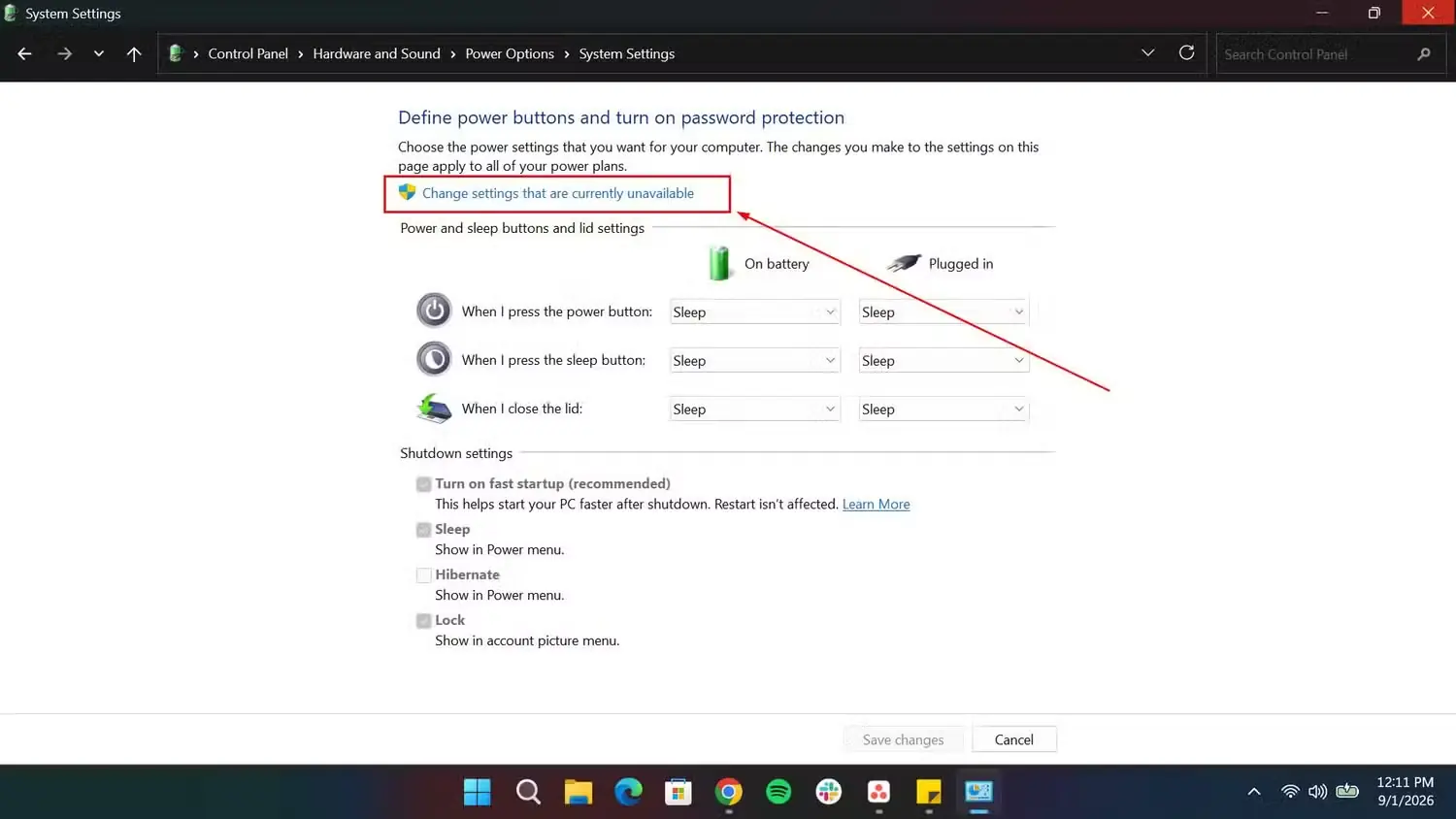 تنظیمات گزینههای نیرو در صفحه کنترل Windows