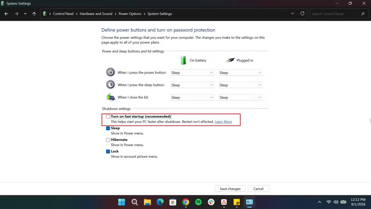 غیرفعالکردن راهاندازی سریع در صفحه کنترل Windows