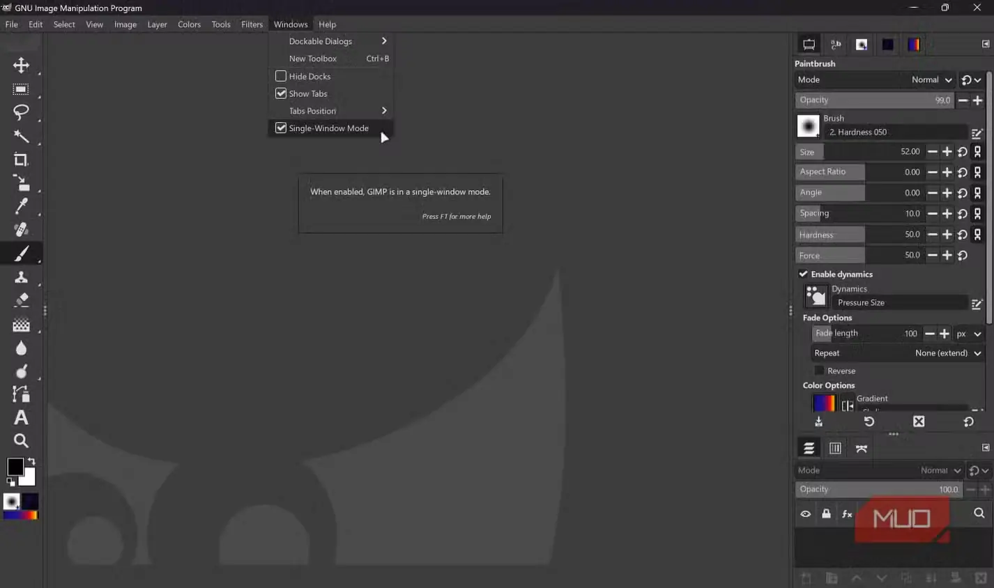 تنظیم حالت تک‌پنجره‌ای در GIMP