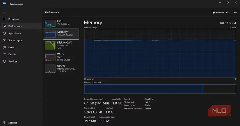 نمایش مصرف بالای حافظه در Task Manager